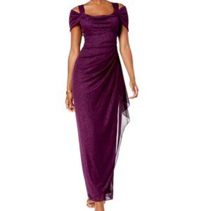 Alex Evenings Womens Sz 14 Petite Purple Glitter Cold Shoulder Evening Dress